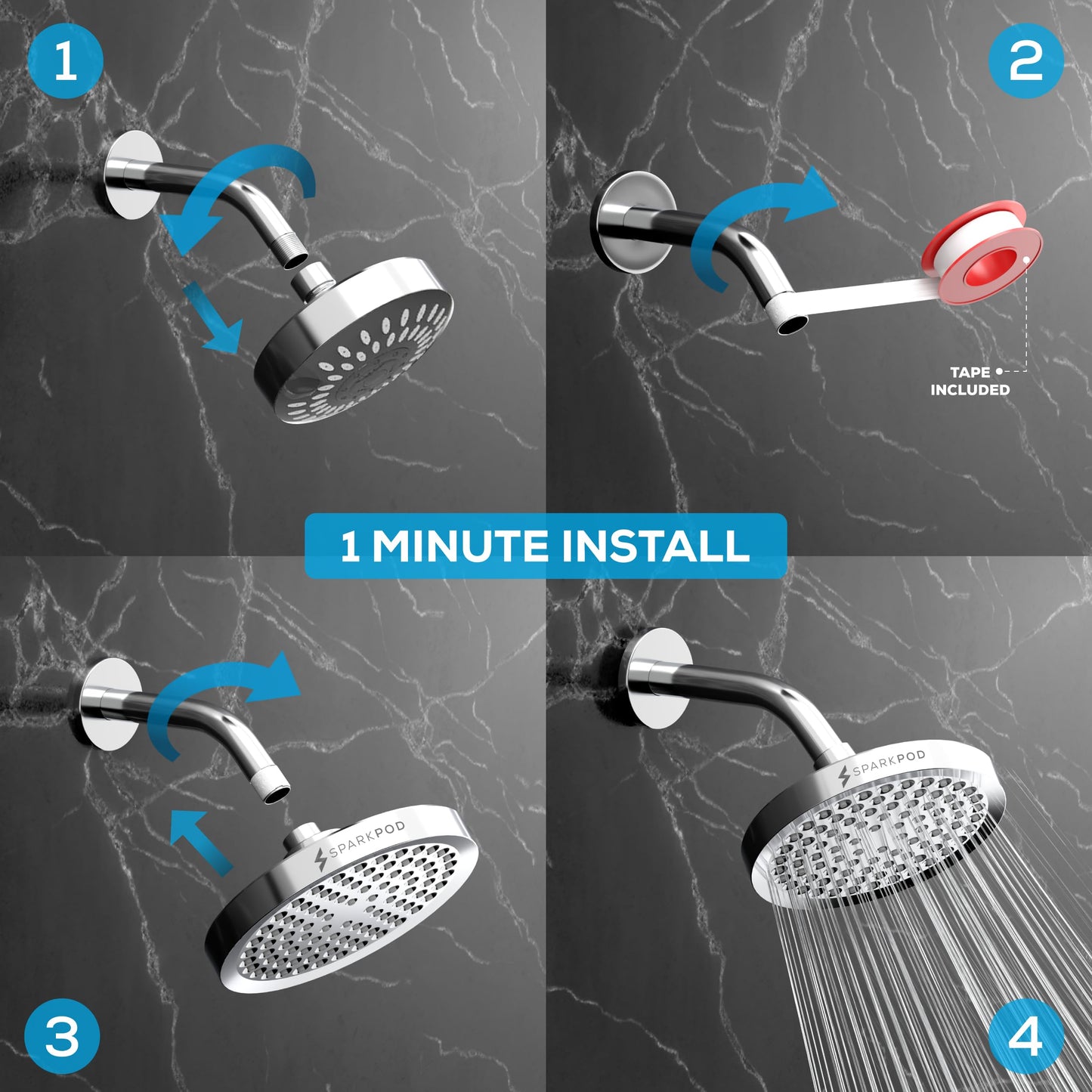 SparkPod Shower Head - High Pressure Rain - Premium Quality Luxury Design - 1-Min Install - Easy Clean Adjustable Replacement for Your Bathroom Shower Heads (Luxury Polished Chrome, 6 Inch Round) - Available at All In One Marketplace Canada