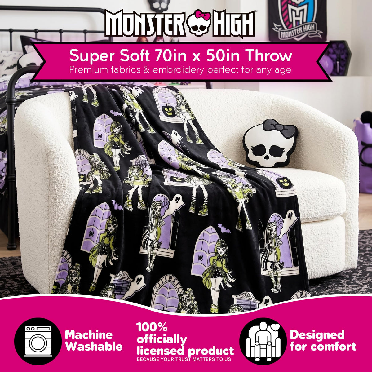 Couverture en peluche ultra-douce et confortable Monster High pour Halloween, 127 cm x 178 cm, (produit sous licence officielle) par Franco
