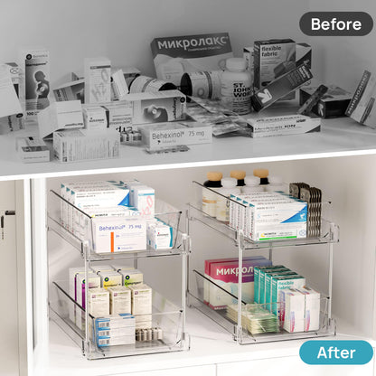 2 Tier Bathroom Organizer, Vtopmart 2 Pack Clear Under Sink Organizers Vanity Counter Storage Container, Medicine Cabinet Drawers Bins, Pull-Out Organization with Track for Pantry, Kitchen