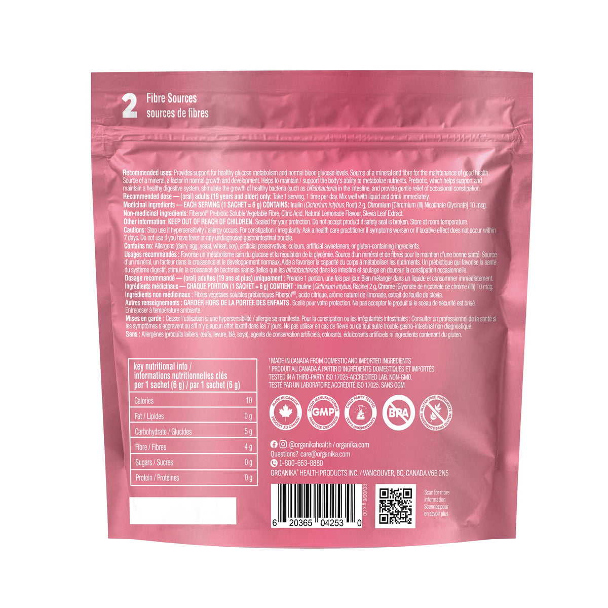 Organika Canadian-Made Belli Bliss Fibre + Glucose | High Fibre Blend, Chromium for Glucose-Balancing | Supports Digestive Health, Constipation Relief, Weight Control - Lemonade, 30 x 6g sachets