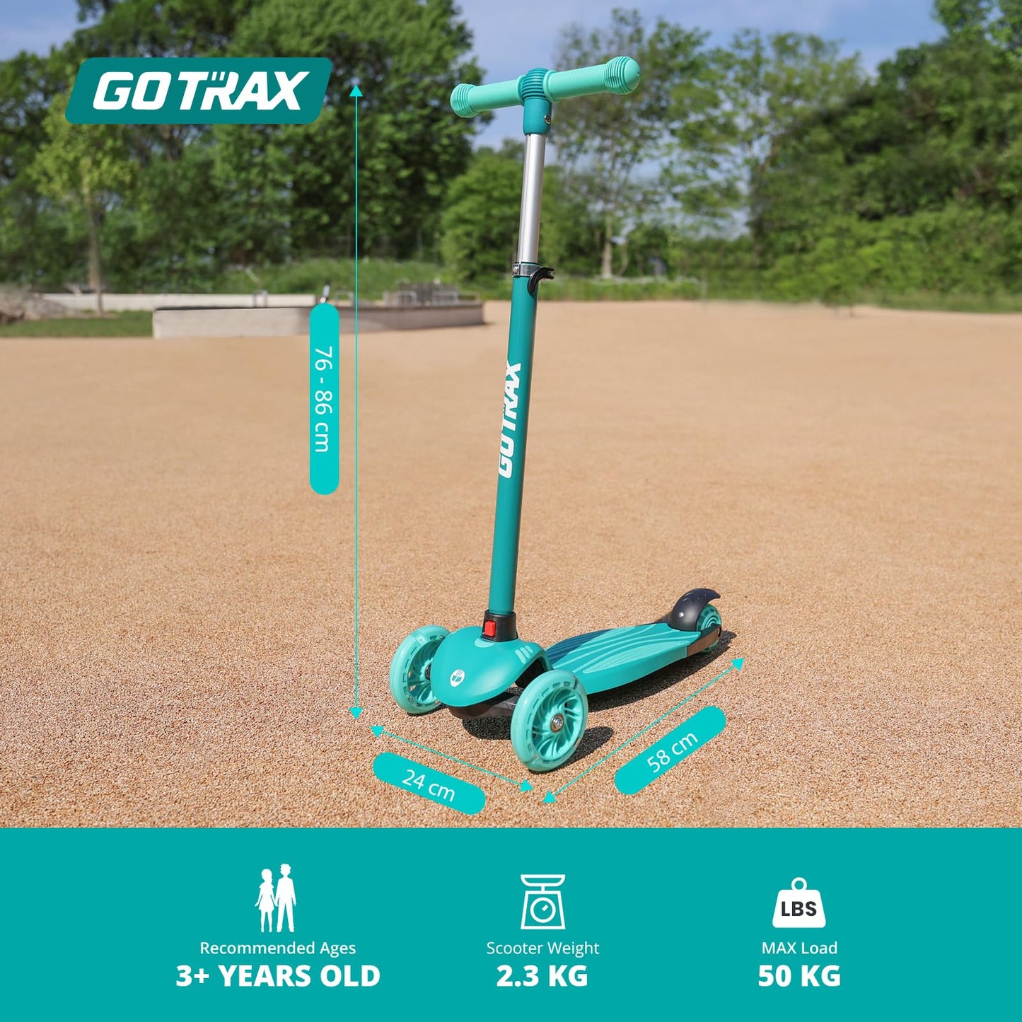 Gotrax KS1 Kids Kick Scooter, LED Lighted Wheels and 3 Adjustable Height Handlebars, Lean-to-Steer & Widen Anti-Slip Deck, 3 Wheel Scooter for Boys & Girls Ages 3+ and up to 100 Lbs (Green)