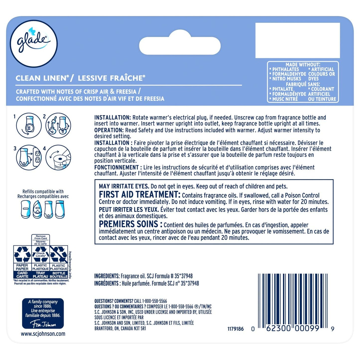 Glade PlugIns Air Freshener Oil Refill, Scented and Essential Oils for Home and Bathroom, Clean Linen, 5 Refills - Available at All In One Marketplace Canada