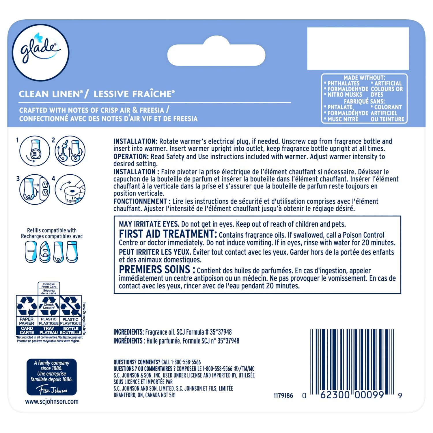 Glade PlugIns Air Freshener Oil Refill, Scented and Essential Oils for Home and Bathroom, Clean Linen, 5 Refills - Available at All In One Marketplace Canada