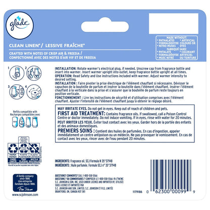 Glade PlugIns Air Freshener Oil Refill, Scented and Essential Oils for Home and Bathroom, Clean Linen, 5 Refills - Available at All In One Marketplace Canada