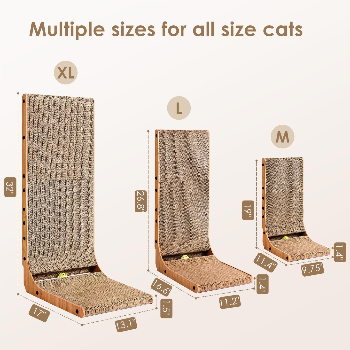 EHEYCIGA Cardboard Cat Scratcher for Indoor Cats, 68 CM L Shaped Vertical Cat Scratching Pad with Ball Cat Toy, Large Cat Scratcher Board