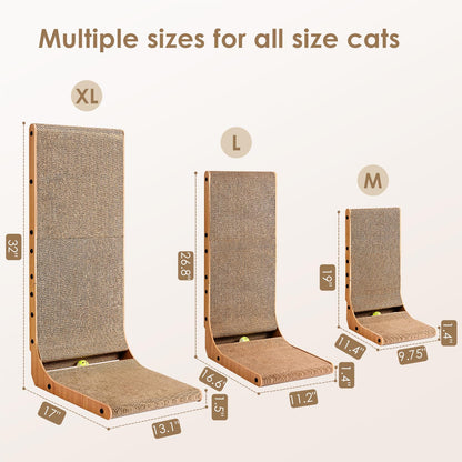 EHEYCIGA Cardboard Cat Scratcher for Indoor Cats, 68 CM L Shaped Vertical Cat Scratching Pad with Ball Cat Toy, Large Cat Scratcher Board