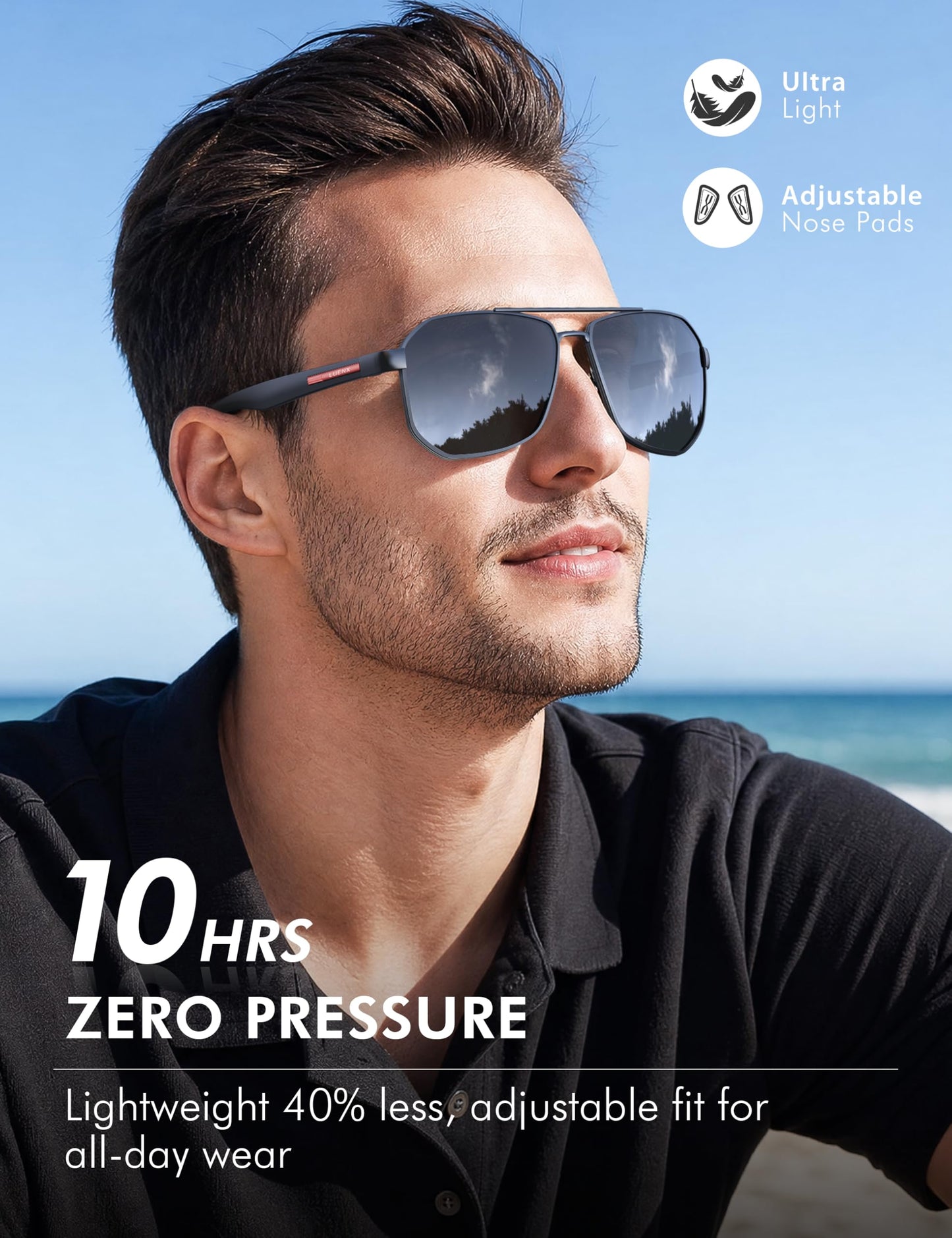 LUENX Aviator Sunglasses for Men Square Polarized Polygon Black Lens Matte Black Frame - UV 400 Protection with Accessories Driving