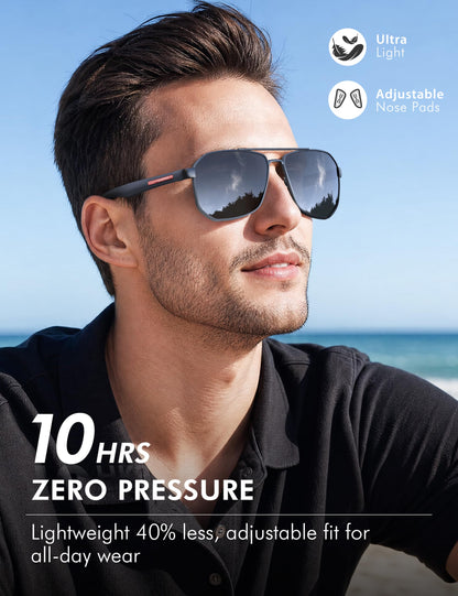 LUENX Aviator Sunglasses for Men Square Polarized Polygon Black Lens Matte Black Frame - UV 400 Protection with Accessories Driving