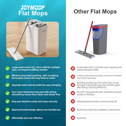 JOYMOOP mop and Bucket with Wringer Set, Flat,for Floor Cleaning with 3 Microfiber Pads, Wet and Dry Use, Household Cleaning Tools, for Hardwood, Laminate, Tile