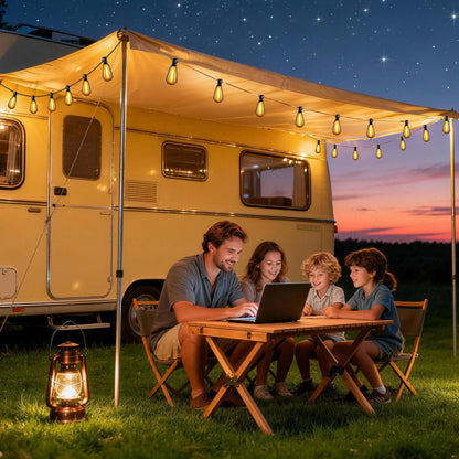 Lomotech Solar String Lights Outdoor Waterproof, 50FT 17+2 LED Shatterproof ST38 Bulbs, Solar String Lights with Remote & Timer, USB & Solar Powered Patio Lights for Outside Backyard Garden Porch - Available at All In One Marketplace Canada