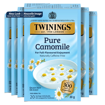 Twinings Herbal Camomile Individually Wrapped Teabags, Naturally Caffeine-Free, Made with 100% Pure Camomile Blossoms, 20 Count (Pack of 6), Enjoy Hot or Iced