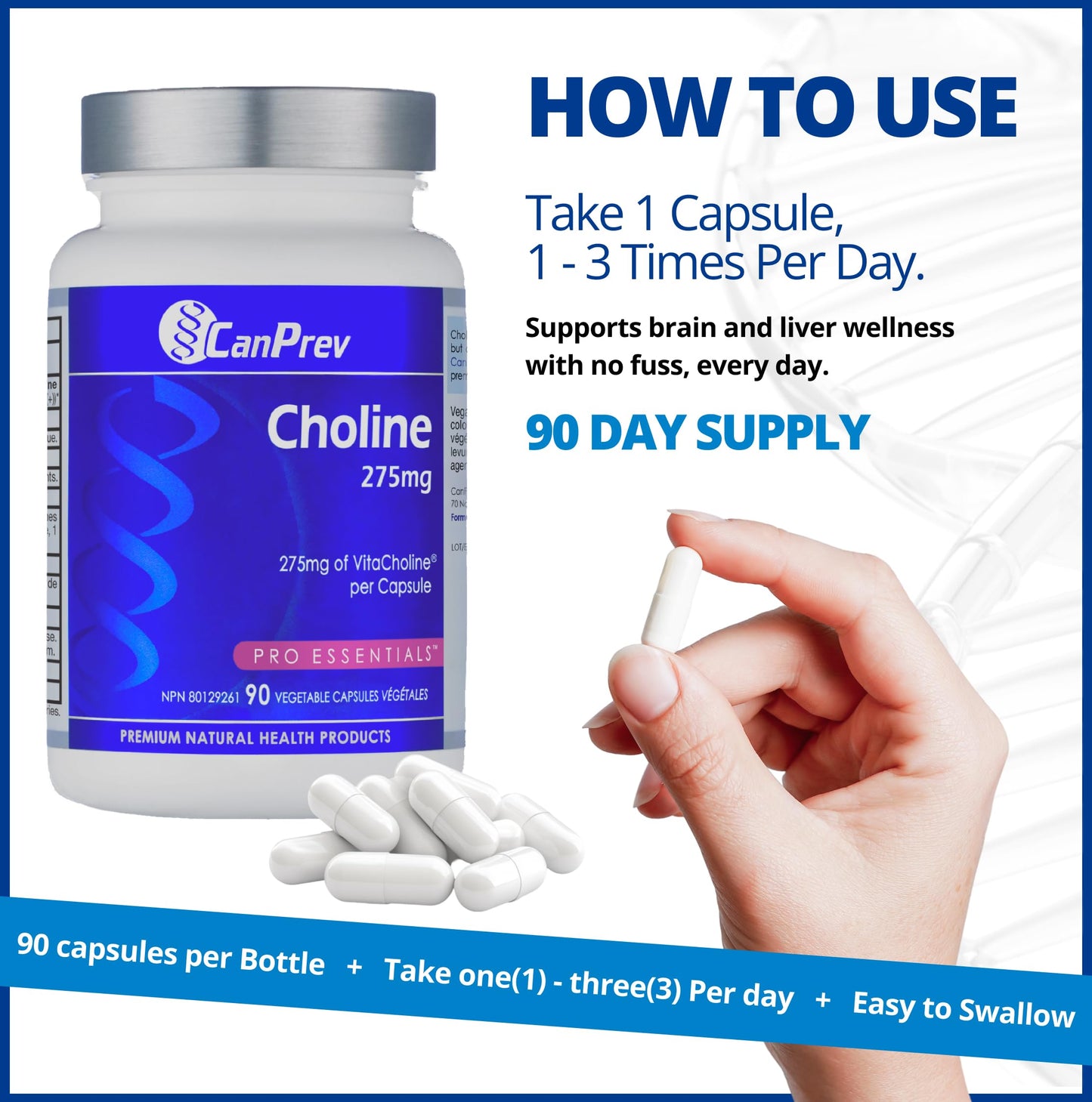 CanPrev Choline 275mg 90 Veggie Capsules, 90-Day Supply, VitaCholine for Cognitive Function, Memory & Focus, Vegan, Non-GMO, Gluten & Soy-Free, Supports Pregnancy, Liver & Heart Health, Made in Canada - Available at All In One Marketplace Canada