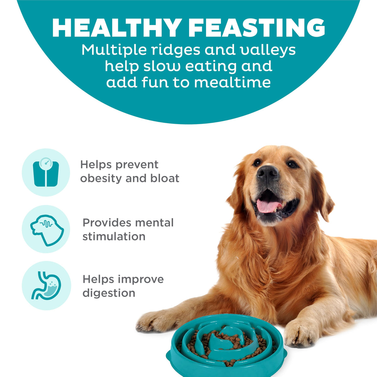 Fun Feeder Slo Bowl – Large 4‑Cup Capacity, Slow Feeding, Medium to Large Dogs, Non‑Slip, Turquoise, Drop Pattern