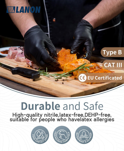 LANON Food Safe Disposable Black Nitrile Gloves, Latex-Free, Powder-Free, Silicone-Free, Textured Fingertips, Cooking, Medium - Available at All In One Marketplace Canada