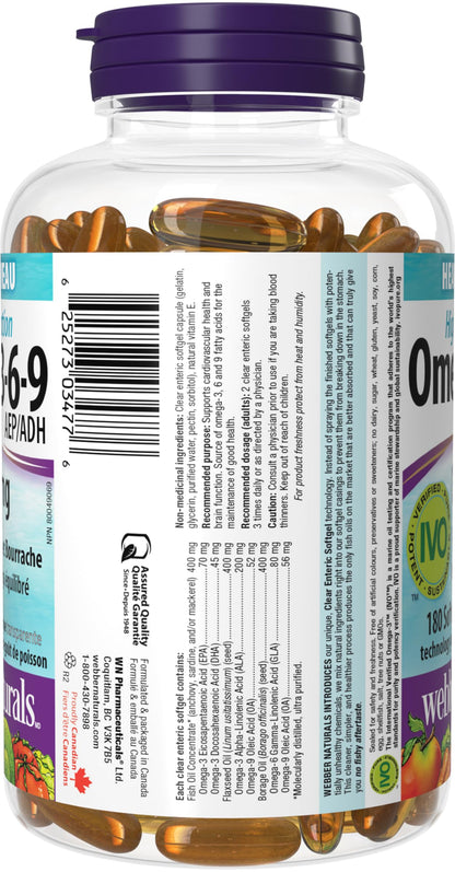 Webber Naturals Omega 3-6-9 1,200 mg Fish Oil, 180 Clear Enteric No Fishy Aftertaste Softgels, Supports Cardiovascular Health and Brain Function - Available at All In One Marketplace Canada