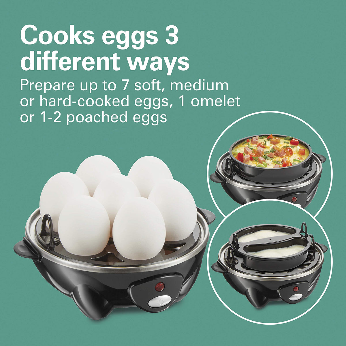 Hamilton Beach 3-in-1 Electric Hard Boiled Egg Cooker, Poacher & Omelet Maker, Holds 7, Black (25507)