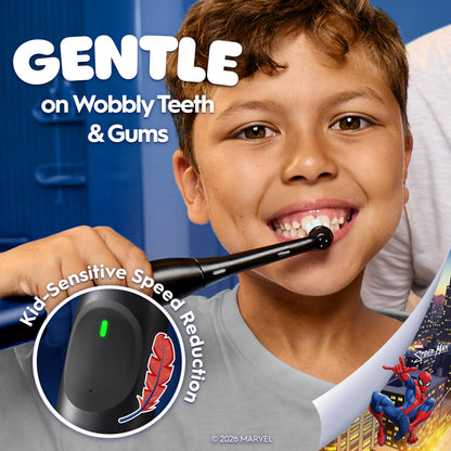 Oral-B iO Kids Limited Rechargeable Electric Powered Toothbrush, Spiderman with 1 Gentle Care Brush Head - Automatic Pressure Sensor to Protect Gums - 3 Cleaning Settings - 2 Min Music Timer - Travel Case - 28 Day Battery Life Oral-B