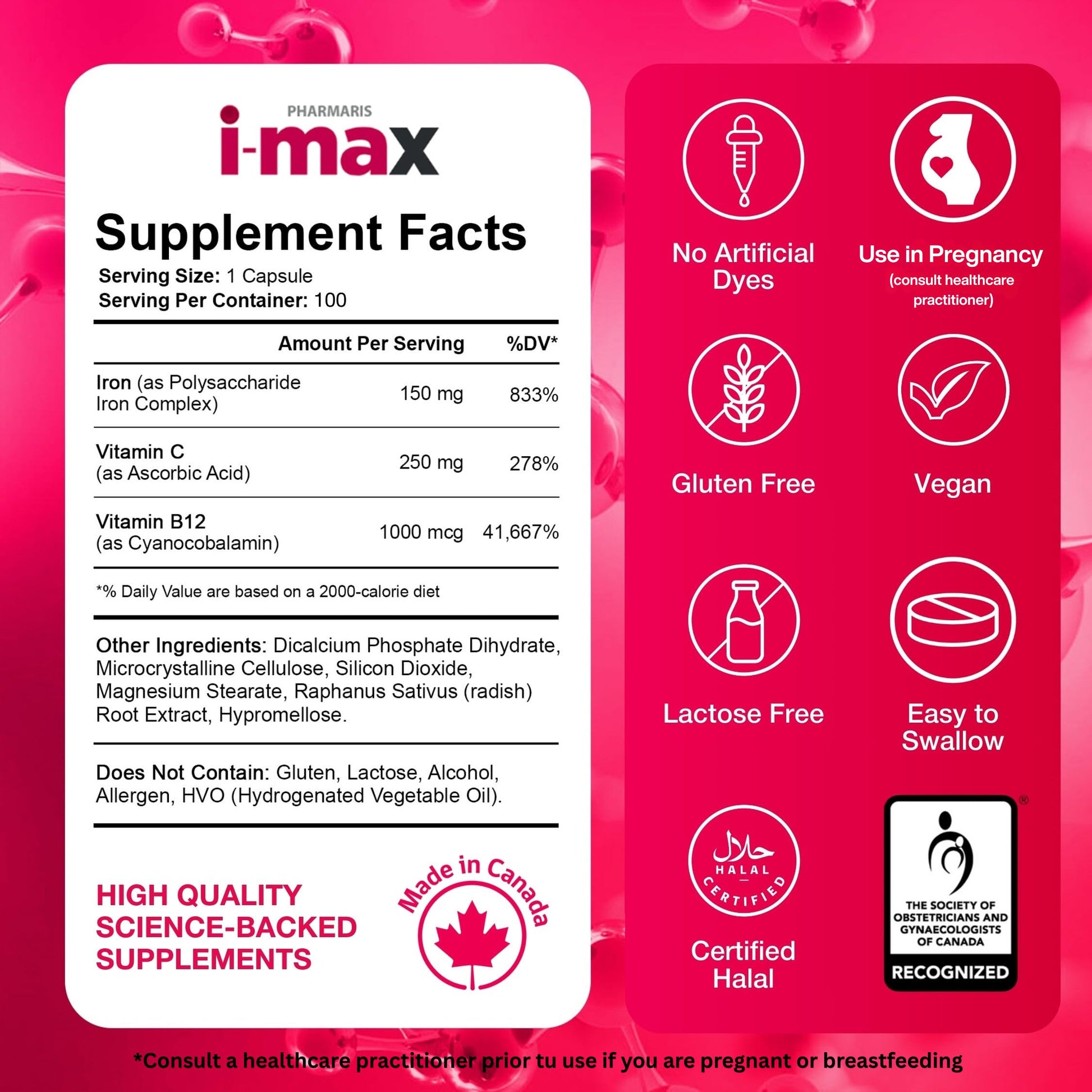 Pharmaris i-max Polysaccharide Iron Complex, 150 mg Elemental Iron Supplement for Treatment and Prevention of Iron Deficiency Anemia, 250 mg Vitamin C, 1000 mcg Vitamin B12, No Artificial Dyes, Vegan, 100 Capsules - Available at All In One Marketplace Canada