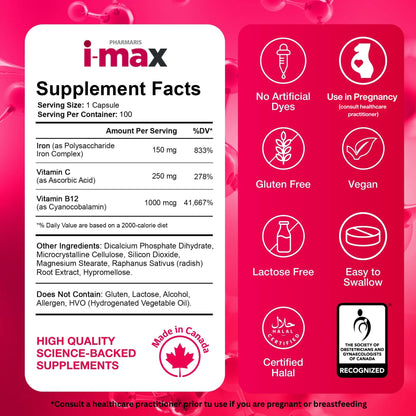 Pharmaris i-max Polysaccharide Iron Complex, 150 mg Elemental Iron Supplement for Treatment and Prevention of Iron Deficiency Anemia, 250 mg Vitamin C, 1000 mcg Vitamin B12, No Artificial Dyes, Vegan, 100 Capsules - Available at All In One Marketplace Canada