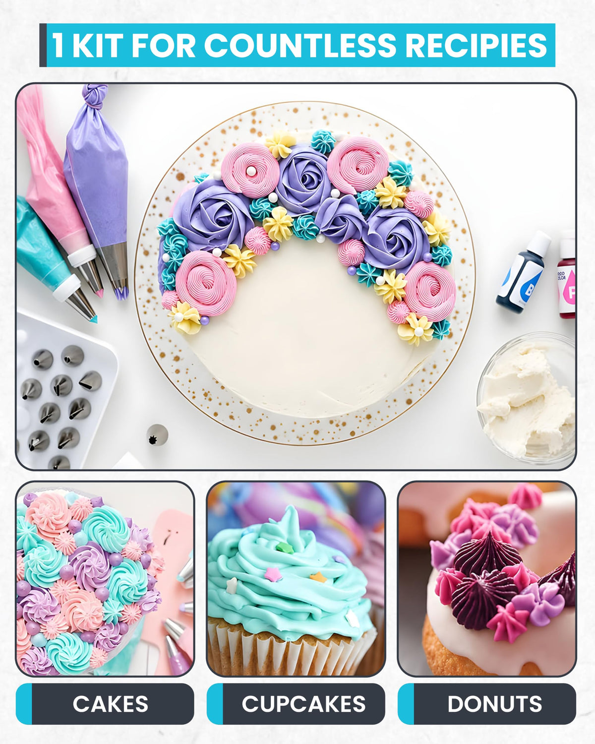 Cake Decorating Kit Supplies | RFAQK 74 PCs Piping Bags and Tips-48 Numbered Stainless Steel Piping Tips & Icing Bags-Reusable Silicon Bag, Couplers with Pattern Chart, EBook & Other Icing Piping Set 🍁 All In One Marketplace Canada