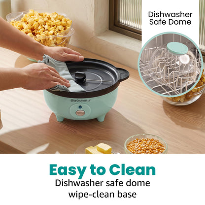 Elite Gourmet EPM330M Automatic Stirring Popcorn Maker Popper, Electric Hot Oil Machine with Measuring Cap & Built-in Reversible Serving Bowl, Great for Home Party Kids, ETL Approved, Mint, 3-Quart