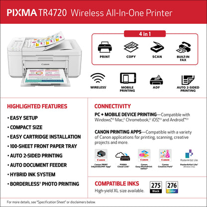 Canon PIXMA TR4720 All-in-One Wireless Printer Home use, with Auto Document Feeder, Mobile Printing and Built-in Fax, White