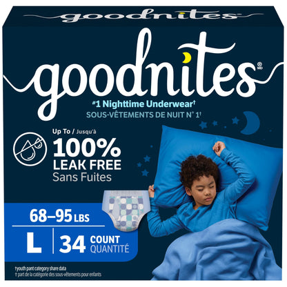 Boys Bedwetting Night Time Underwear, Goodnites, L, 34 Ct, Giga Pack