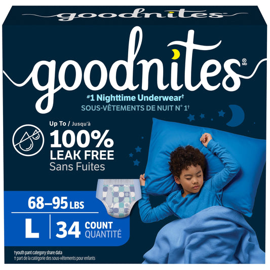 Boys Bedwetting Night Time Underwear, Goodnites, L, 34 Ct, Giga Pack