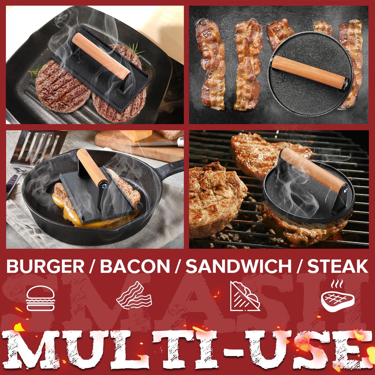Grilliance 5pcs Smash Burger Press Kit, 3 in 1 Hamburger Press Patty Maker, Cast Iron Burger Press Round & Rectangle, 100pcs Wax Paper for Grill, Griddle, Flat top, Kitchen, Cooking - Available at All In One Marketplace Canada