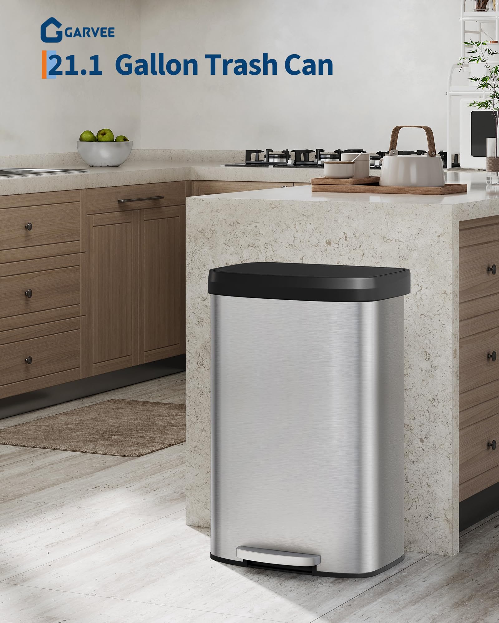 Garvee 21 Gallon / 80 Liter Stainless Steel Trash Can with Lid, Large Garbage Can for Kitchen, Rustproof Step-on Kitchen Metal Trash Bin with Liner Rim, Rear Handle, Soft Close Plastic Lid, Silver Garvee
