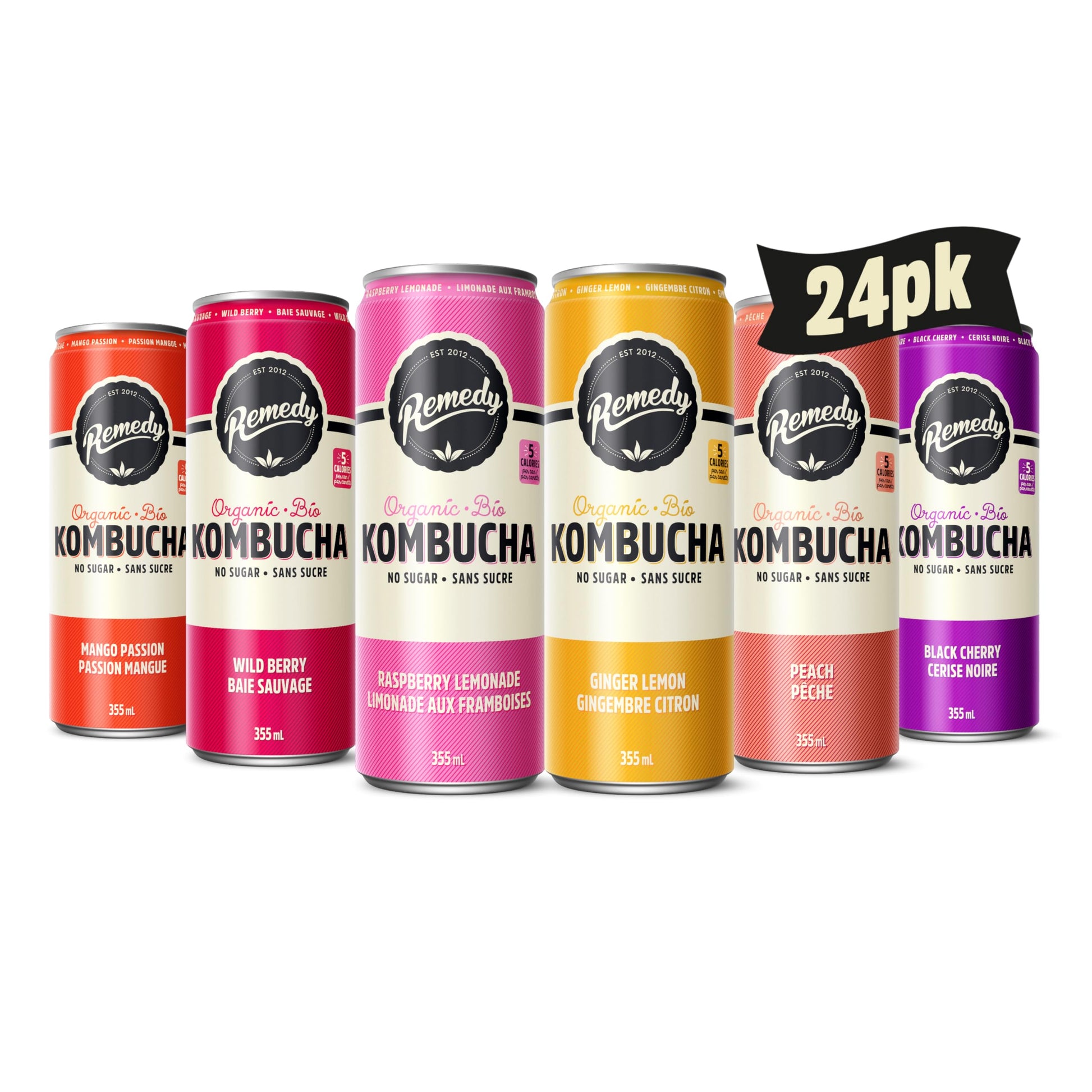 Remedy Kombucha Sugar-Free Organic Sparkling Drink - 6 Flavour Variety Pack, 355 mL Cans (24-Pack)