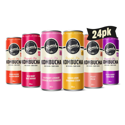 Remedy Kombucha Sugar-Free Organic Sparkling Drink - 6 Flavour Variety Pack, 355 mL Cans (24-Pack)