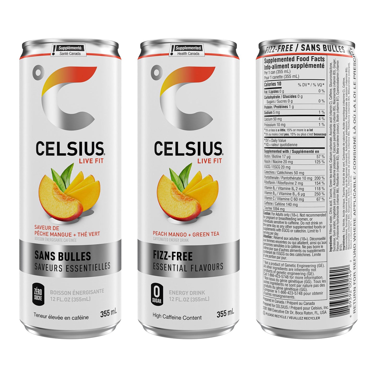 CELSIUS Fizz Free Peach Mango, Zero Sugar Energy Drink, 335ml Cans (Pack of 12) - Available at All In One Marketplace Canada