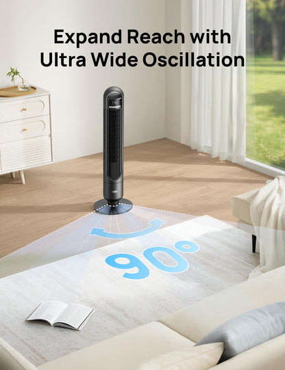 DREO Smart Tower Fan for Bedroom, 90° Oscillating Standing Fans for Room with 4 Speeds, 4 Modes, 25dB Quiet for Sleep, 25ft/s Velocity, 8H Timer, Remote/App/Voice Control for Living Room, Office, Home