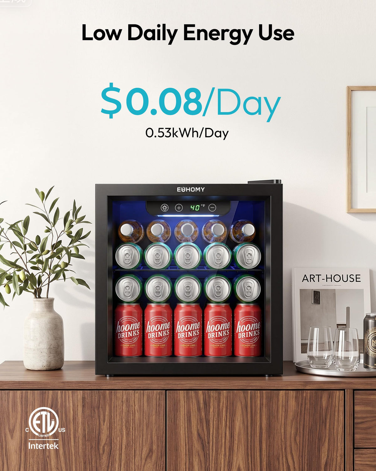 EUHOMY 48 Cans Beverage Refrigerator cooler-Mini Fridge Glass Door for Beer Drinks Wines, Countertop Beverage Fridge with Adjustable Shelves Blue LED for Home/Office/Dorm/Bar, 1.3 cu.ft