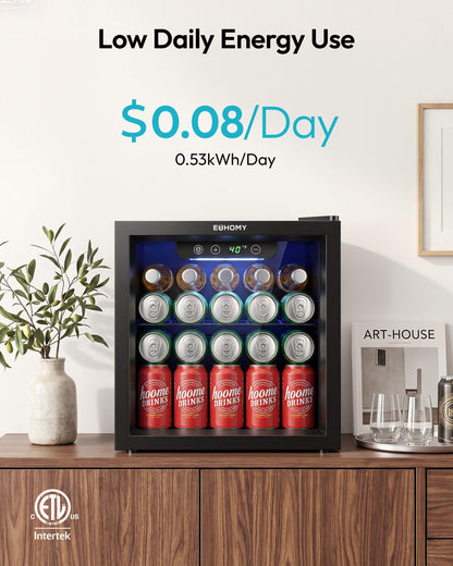 EUHOMY 48 Cans Beverage Refrigerator cooler-Mini Fridge Glass Door for Beer Drinks Wines, Countertop Beverage Fridge with Adjustable Shelves Blue LED for Home/Office/Dorm/Bar, 1.3 cu.ft