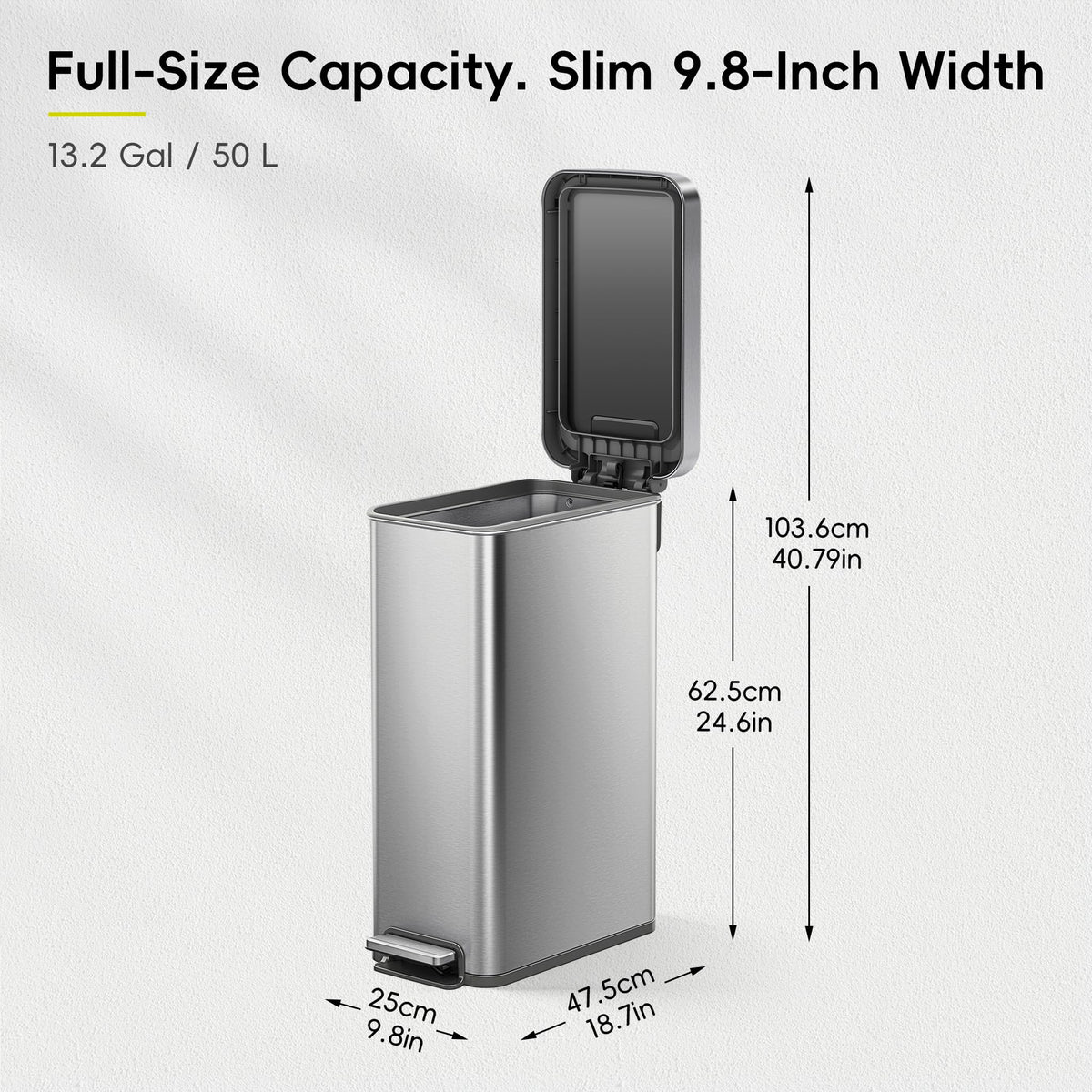 EKO Hudson Slim 50L / 13.2 Gallon Kitchen Trash Can with Lid, Stainless Steel Step Garbage Can for Kitchen or Home, Space-Saving Garbage Can with Soft Close Lid, Stay-Open, Liner Ring, Handle