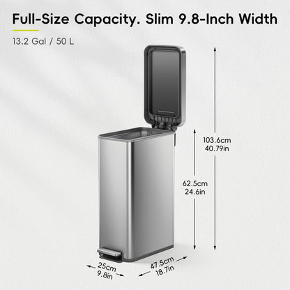 EKO Hudson Slim 50L / 13.2 Gallon Kitchen Trash Can with Lid, Stainless Steel Step Garbage Can for Kitchen or Home, Space-Saving Garbage Can with Soft Close Lid, Stay-Open, Liner Ring, Handle