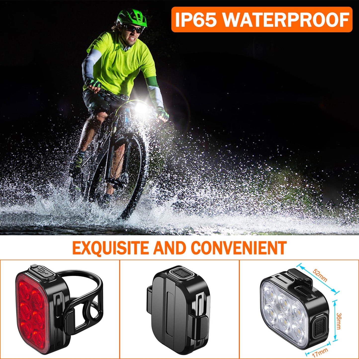 Bike Lights, Combination of Bike Front Light and Tail Light, IP65 Waterproof USB Charging, Equipped with 6 Ultra-Bright LED Beads, 4+6 Lighting Modes, Suitable for Riding at Night