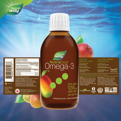 Nature's Way NutraSea Omega-3 Fish Oil – 1250 mg EPA + DHA Fish Oil – Support Healthy Heart and Brain Function in Kids and Adults – GMO Free, 200 mL Liquid, Mango Flavour 🍁 All In One Marketplace Canada