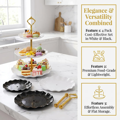 DEAYOU 4 Pack 3-Tier Cupcake Dessert Stand, Plastic Tiered Cake Stand Display Tower, Pastry Serving Tray Platter Rack Holder for Buffet, Cookie, Party, Wedding, Home Decor, White Gold, Black Gold 🍁 All In One Marketplace Canada