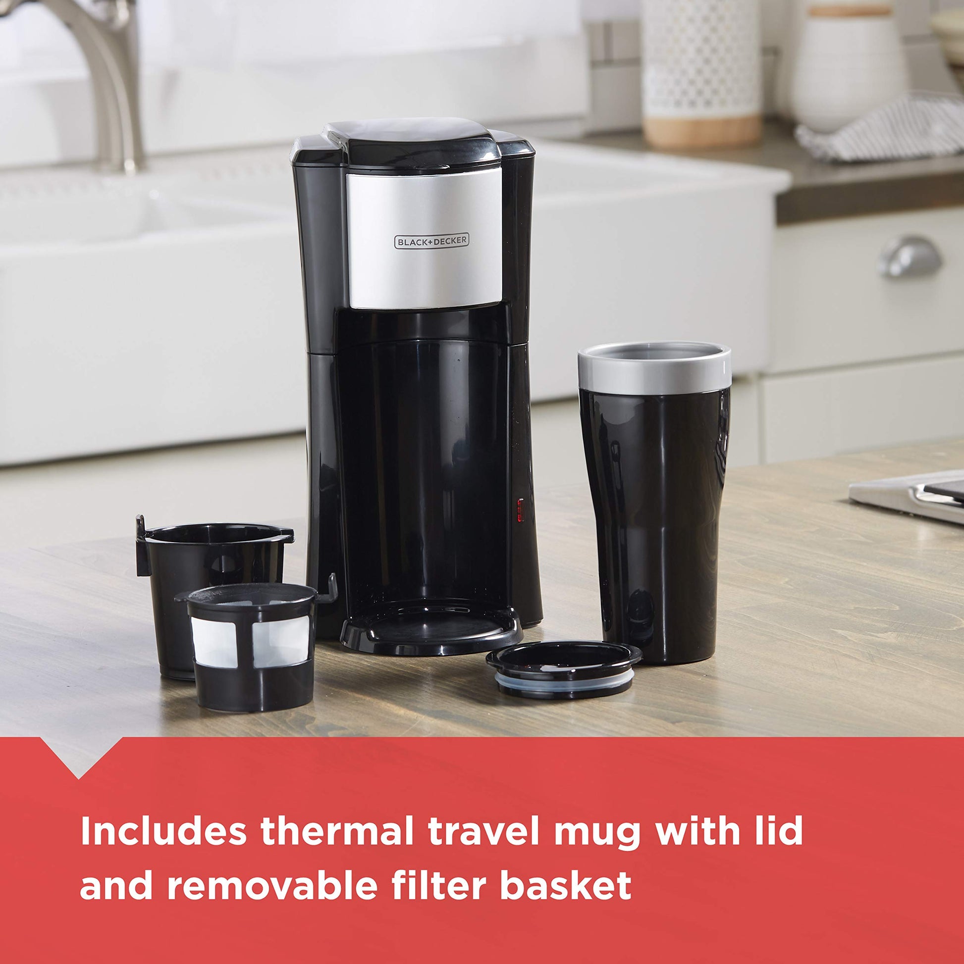 BLACK+DECKER Single Serve Coffee Maker, Includes One Dishwasher Safe Travel Mug (16oz), CM618C Black - Available at All In One Marketplace Canada