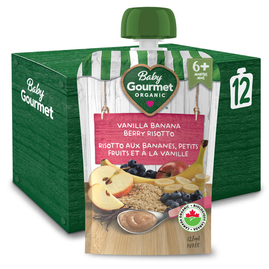 Baby Gourmet Vanilla Banana Berry Risotto Purée, 12 × 128 mL Pouches | 6 Months+ | Organic Baby Food | No Added Sugar or Salt | Made in Canada