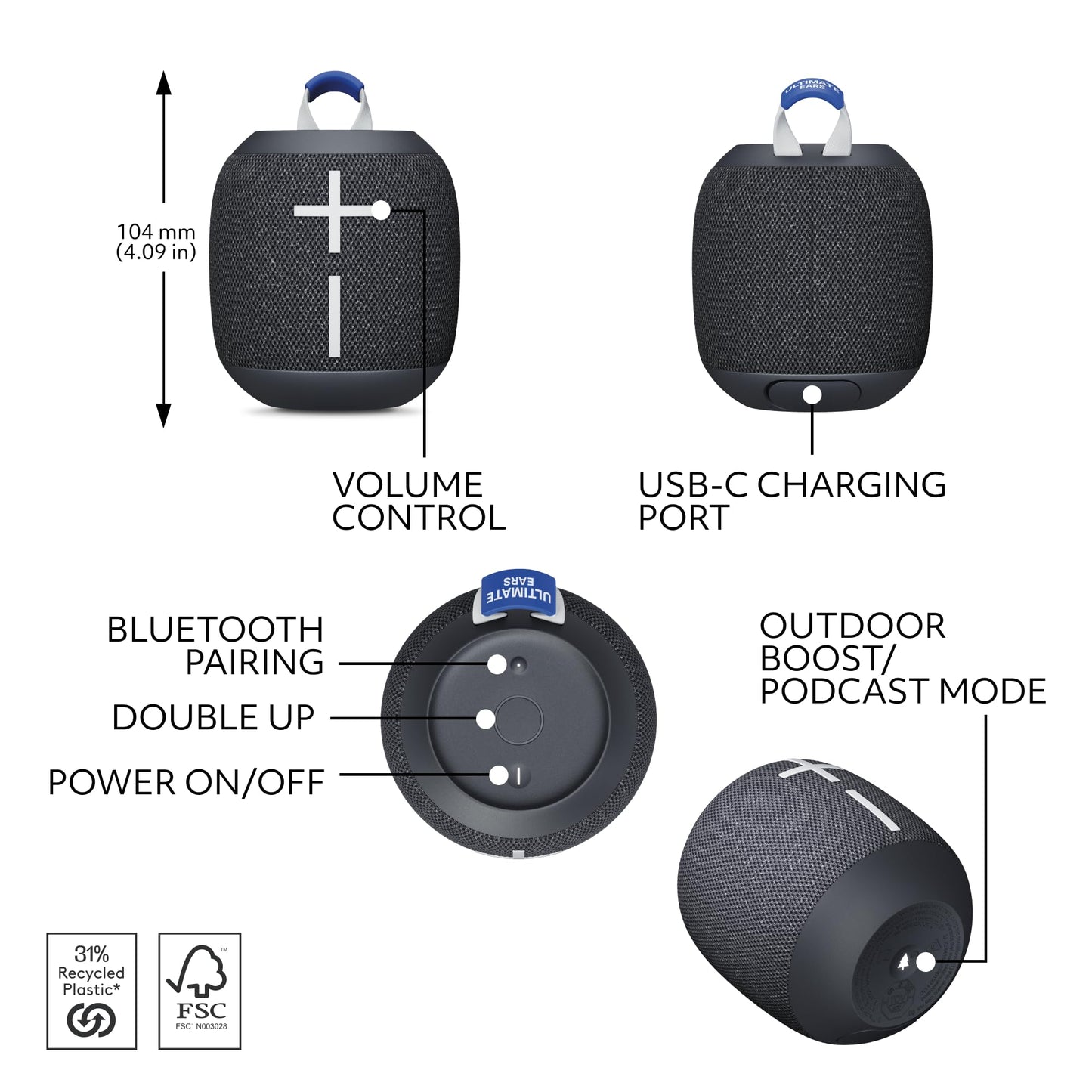 Ultimate Ears WONDERBOOM 4 Portable Waterproof Bluetooth Speaker with Big Bass and 360-Degree Sound, Dustproof Floating Speaker with 131ft (40m) Range - Black 🍁 All In One Marketplace Canada