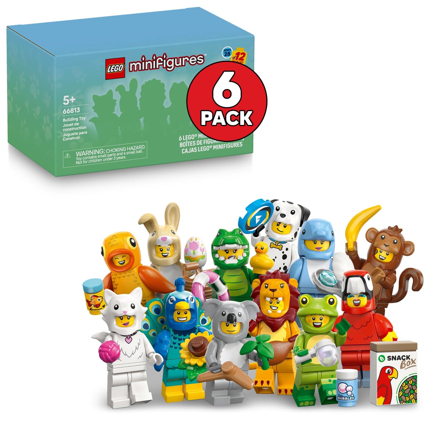 LEGO Minifigures Animal Series 28 6 Pack - Kids Toys in Sealed Mystery Boxes - Animal Themed Figures to Collect - Birthday Party Favors & Gift Idea for Boys & Girls, Ages 5+ - 66813 LEGO