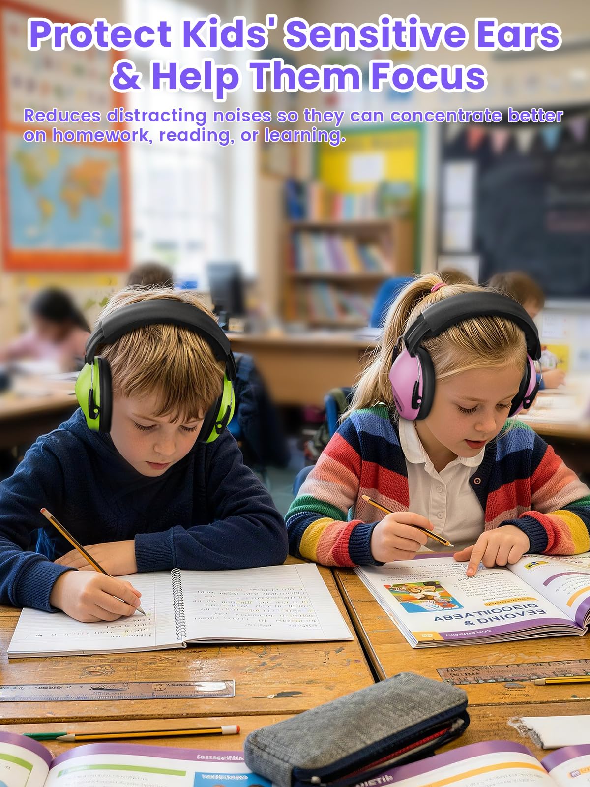 2 Pack Noise Cancelling Headphones for Kids: Dr.meter Kids Ear Protection Earmuffs for Autism Sensory - Hearing Protection Earmuffs for Monster Truck Concerts Study and Fireworks - (green+pink)