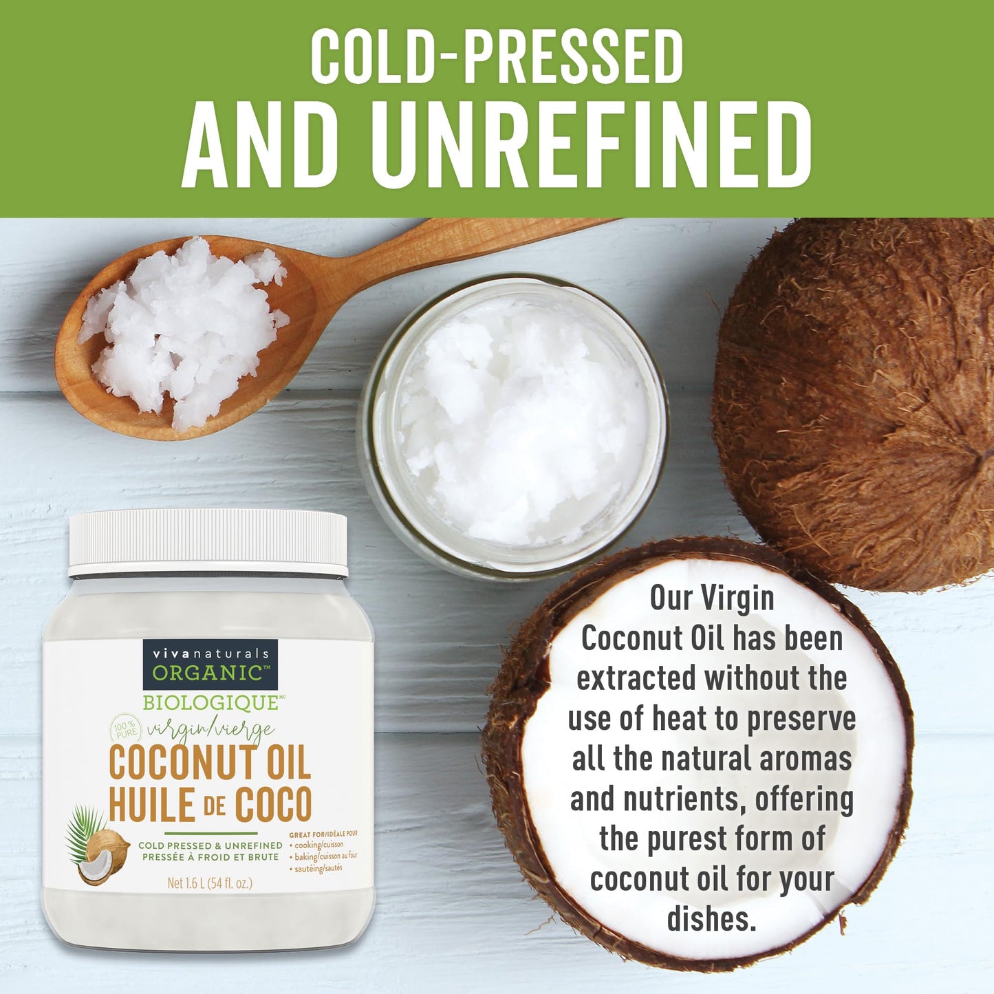 Viva Naturals Organic Virgin Coconut Oil, 54 fl oz (1.6 L) – Cold-Pressed, Unrefined & Non-GMO for Cooking, Hair & Skin