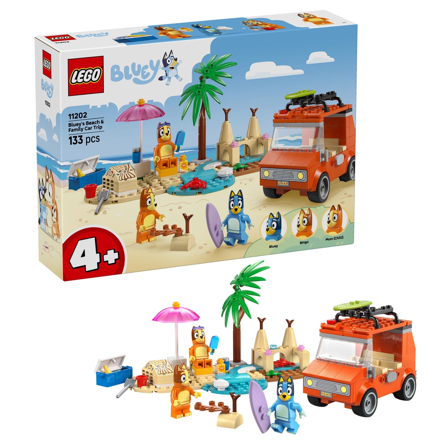 LEGO Bluey: Bluey’s Beach & Family Car Trip - Toddler Learning Toy for Kids 4+ - Includes Bluey, Bingo, and Mum Minifigures - Birthday Gift for Boys and Girls, Ages 4+ - 11202 LEGO