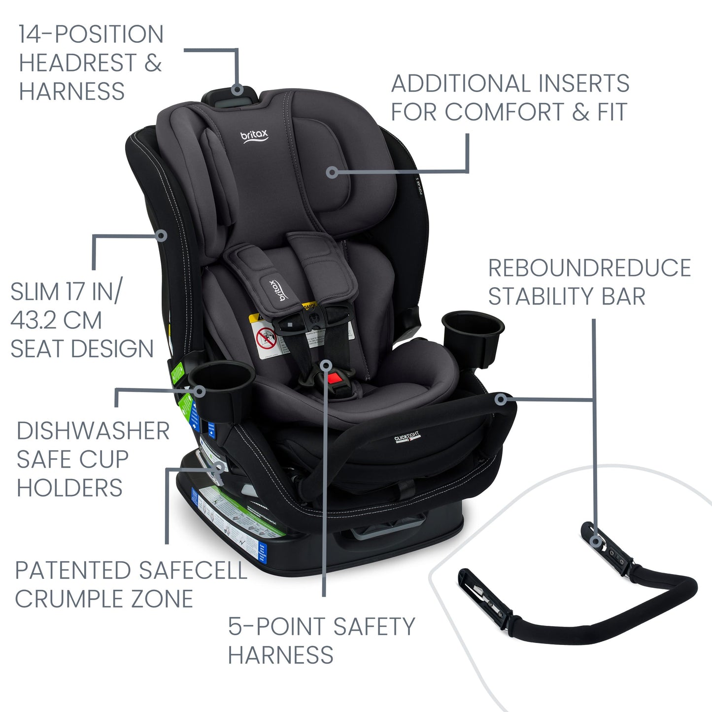 Britax Poplar S Convertible Car Seat, Slim 17” Design — Stone Onyx Britax