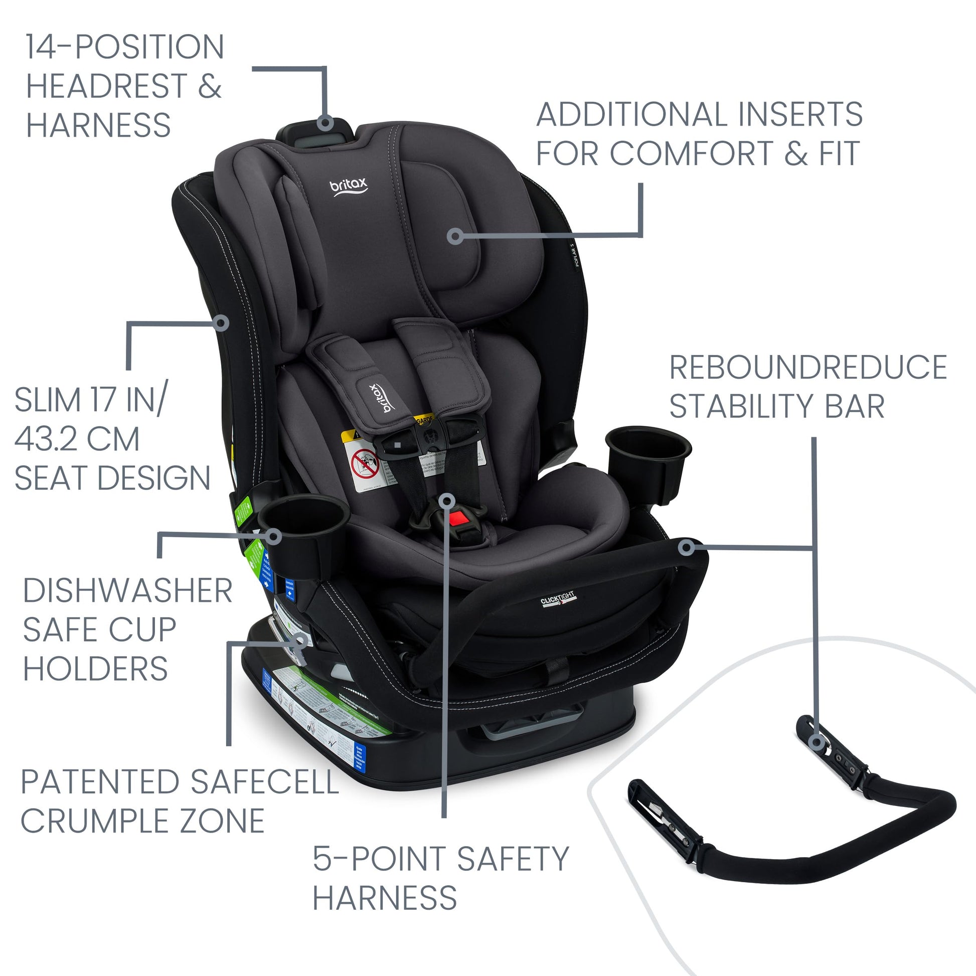 Britax Poplar S Convertible Car Seat, Slim 17” Design — Stone Onyx Britax
